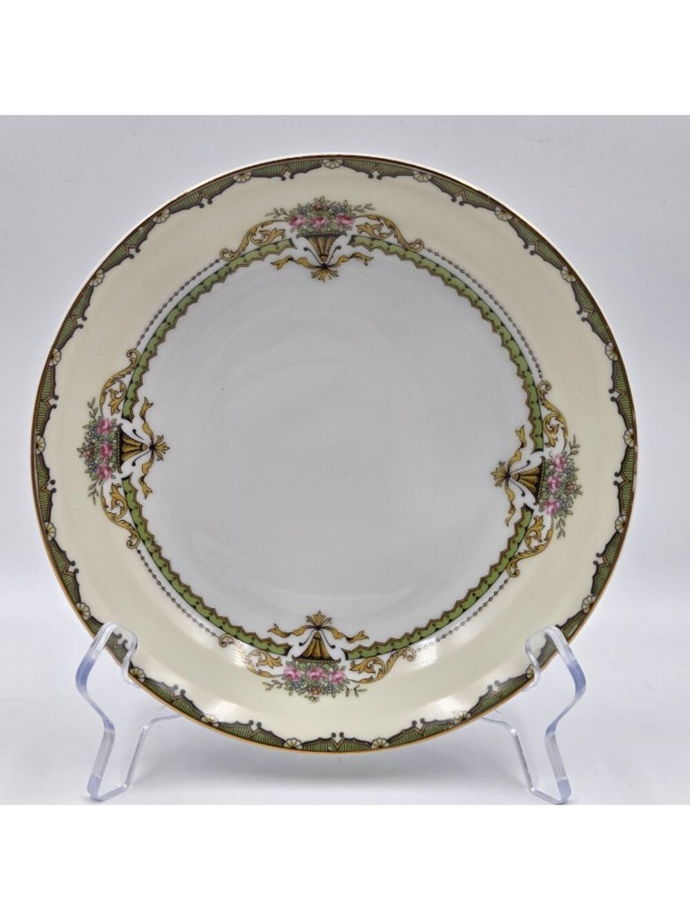 Noritake Penelope Set of 4 Coupe Soup Bowl Green Border Pink Roses Urn Gold Trim - Picture 1 of 4